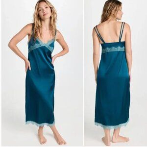 Simone Perele Satin Lace Secrets Long Night Dress Gown Size S 2 Blue NEW $120